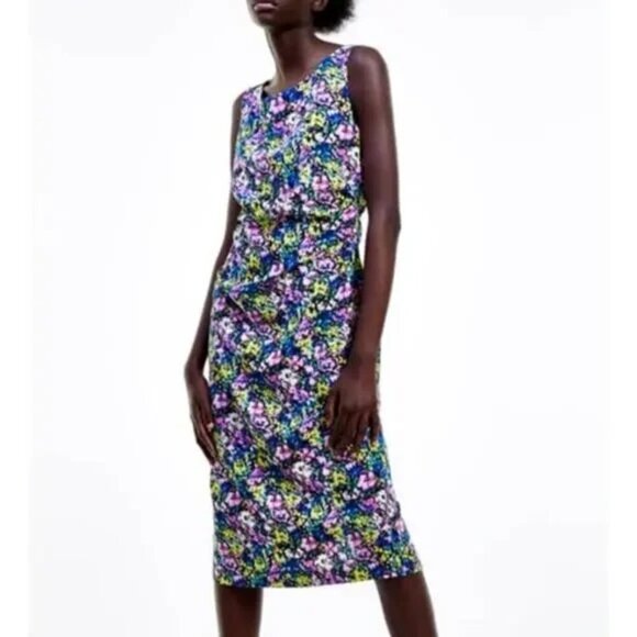 Zara Floral Dress L Rushed Multicolored Printed Sheath Dress NWOT Midi - Picture 1 of 8